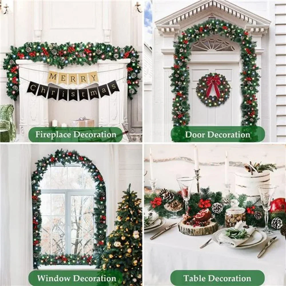 9Ft Christmas Garland w/ 100 LED Lights Pre-Lit Xmas Garland for Indoor Outdoor
